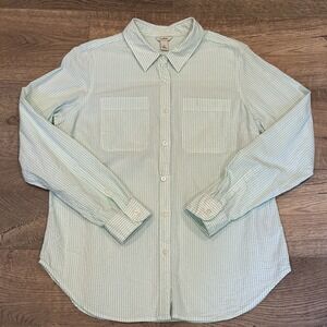 LL Bean Women's Seersucker Button Up Green‎ White Striped Shirt Size S Preppy
